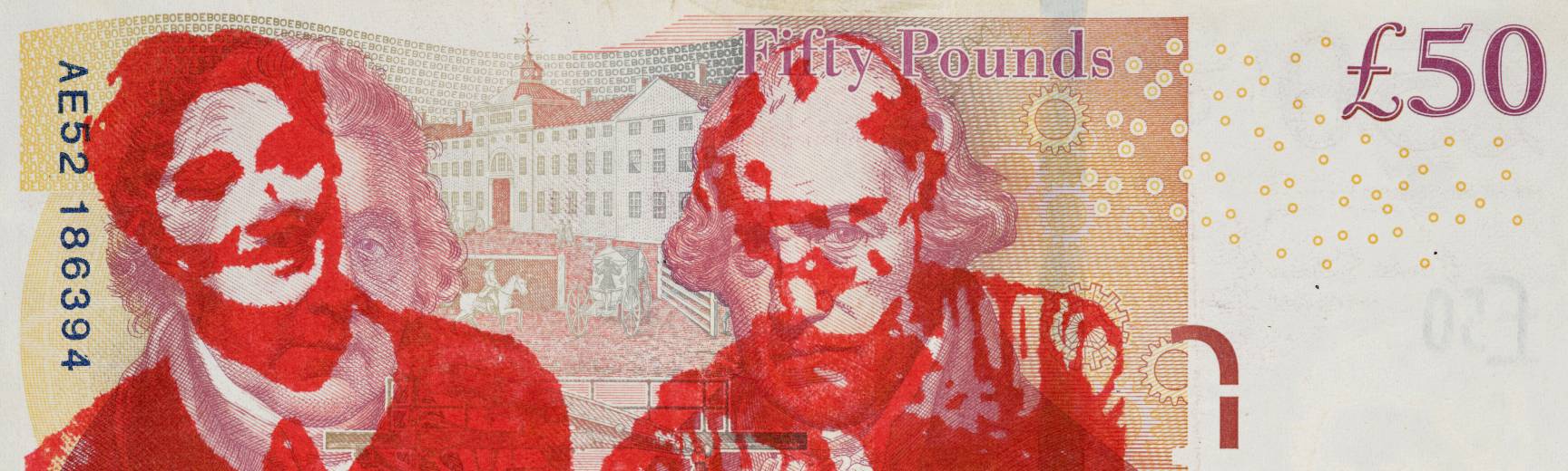  Notable Women - Defaced British Bank Note by artist Paula Stevens Hoare, 2014, defaced in red and multicolour print on a £50 note - the reverse of the bank note