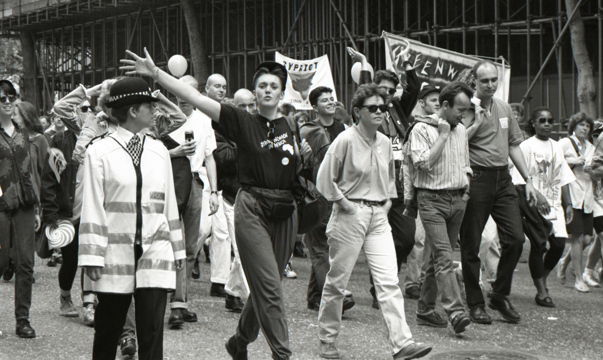 Black and white photo of a Pride march in London, by Laurence Jaugey-Paget