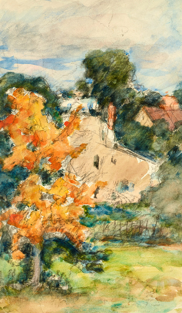 Colourful washy painting of a tall yellow tree with a house behind by Pasternak