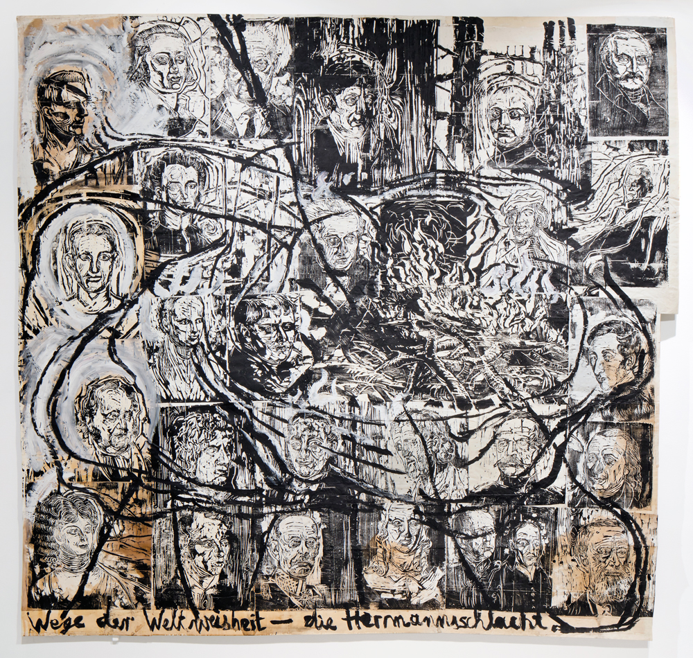 A 1977 artwork by Anselm Kiefer. A group of woodcut portraits, on paper, have been have been laid down on synthetic fabric.