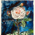 Expressionistic still life watercolour painting of a flower and stem, with pink and white bloom and swirly blue background by artist Anselm Kiefer