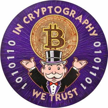 Colourful coin-shaped cryptocurrency in acrylic and glitter based on Mr Monopoly's Milburn Pennybags